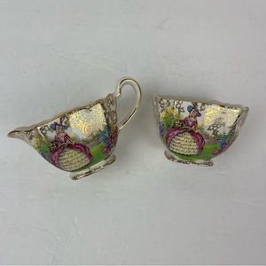 Vintage Elijah Cotton-ltd Nelson Ware cream and sugar set w/floral & lady